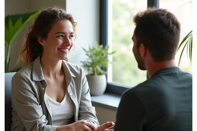 Candid photo of a Hearthwell Collective coach listening attentively to a client during a personalized consultation, a warm and inviting atmosphere.