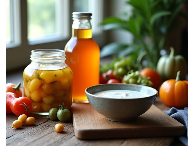 Close-up of kombucha and fermented foods on a wooden table, emphasizing gut health