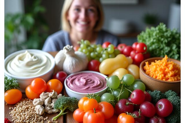 Healthy food ingredients and a person smiling