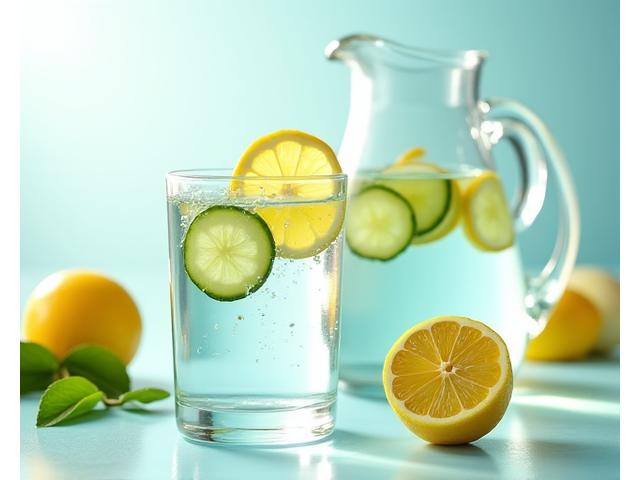 Clear glass of water with lemon slices, depicting hydration and wellness