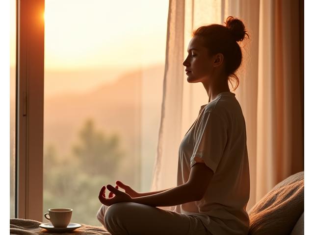 Woman meditating by a window at dawn, calm and mindful