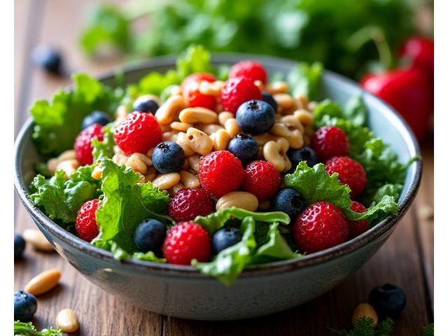 Vibrant bowl of fresh salad with leafy greens, nuts, and berries, symbolizing healthy eating for energy