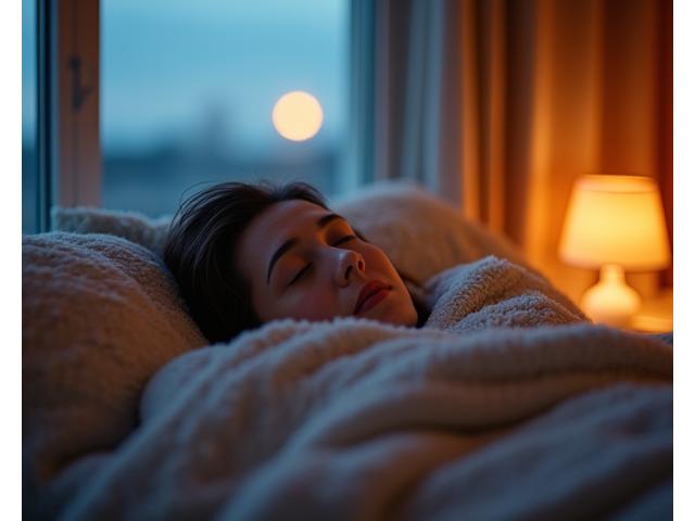 Cozy bedroom scene with soft lighting, a person sleeping peacefully under warm blankets