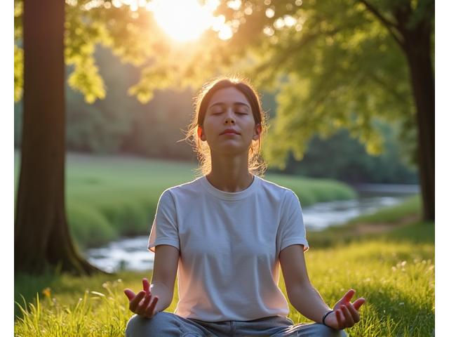Person practicing deep breathing exercises outdoors in a serene park, demonstrating stress relief